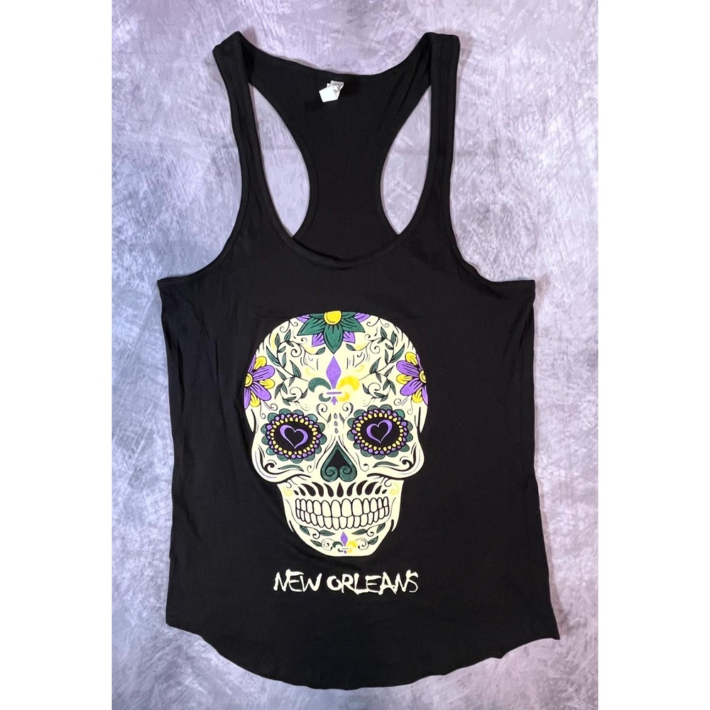 Cotton Heritage Top Womens XL Black Sugar Skull New Orleans Graphic Tank Top